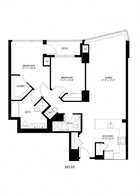 Floor plan for 2 beds, 2 baths, 1147 sqft